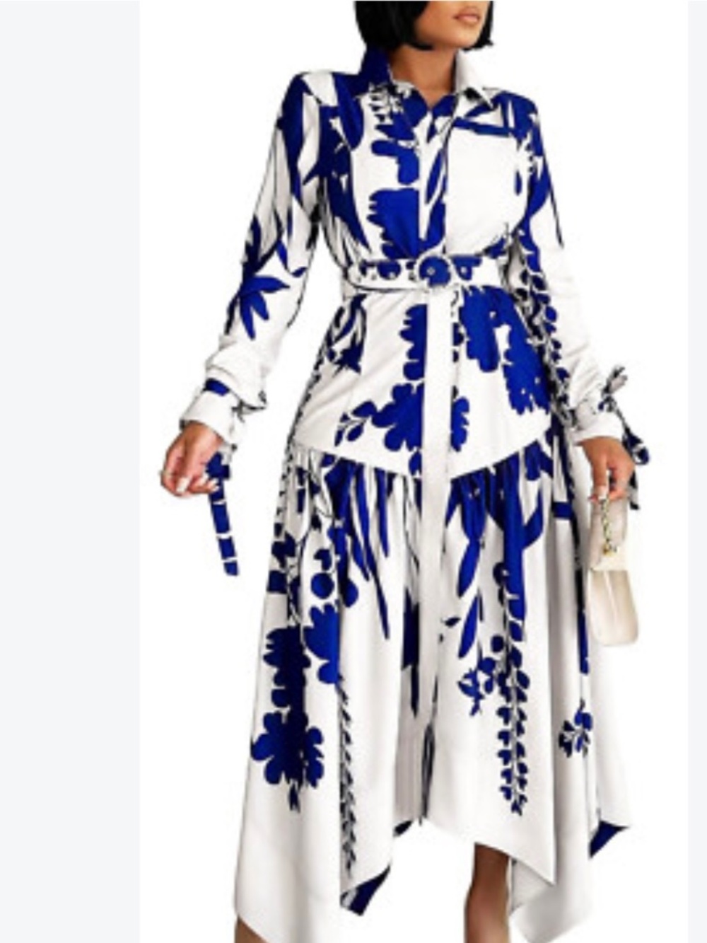 Blue-and-Cream Floral High-Low Shirt Dress